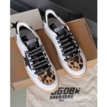 Golden Goose Beyaz Kadın Leopar Detaylı Logolu Bağcıklı Sneaker Spor Ayakkabı