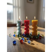 AY IŞIĞI MUMLARI Geometrik Dalga 3'lü Hediyelik Dekoratif Hoş Kokulu Parafin Wax Mum (Buz Mavisi + Kırmızı + Sarı Renkli)
