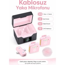 Zilvana Kablosuz Tüylü Pembe Yaka Mikrofonu 1 Alıcı 2 Verici Şarj Kutulu Dijital Ekranlı 2.4g Gürültü Azaltmalı Type-C Lightning Uyumlu Mikrofon Seti