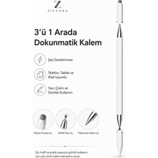 Zilvana Şarjsız Beyaz 3’ü 1 Arada Stylus Dokunmatik Kalem Telefon Tablet iPad Kağıt Uyumlu Yazı Çizim Kalemi