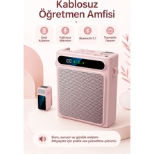 Zilvana Pembe Kablosuz Yaka Mikrofonlu Taşınabilir Öğretmen Rehber Amfisi Bluetooth 5.1 Şarjlı 2000MAH 5W Ses Yükseltici USB Mp3 Destekli Askılı Bel Tipi Hoparlör