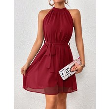 Moda Loris Kadın Omuzlardan Açık Balıkçı Yaka Belden Kuşaklı Kısa Şifon Elbise