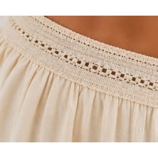 Palenaole Butik Kadın Ekru Yüksek Bel Lastikli Bol Paça Rahat Kesim Yazlık Pantolon