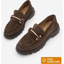 Marjin Kadın Hakiki Deri Loafer Kalın Taban Metal Tokalı Süet Günlük Ayakkabı Zolez Kahve