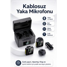 Zilvana Kablosuz Tüylü Siyah Yaka Mikrofonu 1 Alıcı 2 Verici Şarj Kutulu Dijital Ekranlı 2.4g Gürültü Azaltmalı Type-C Lightning Uyumlu Mikrofon Seti