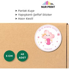 Nur Print Kişiye-Isme Özel Yuvarlak Kız Bebek Etiketi, Pembe, Bulut, Yapışkanlı Parlak Kuşe Kağıt Sticker, Hoşgeldin Bebek, Doğum Günü