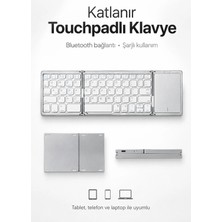 Zilvana Gümüş Katlanır Bluetooth Klavye Touchpadli, Şarjlı, Tablet Telefon Laptop Uyumlu Üçe Katlanır Kablosuz Klavye