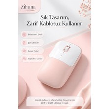 Zilvana Şarjlı Kablosuz Pembe Mouse Bluetooth + 2.4g Çift Modlu Type-C Şarjlı Sessiz Tuşlu Ergonomik Optik 1200/1600 Dpı Taşınabilir Mouse