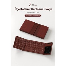 Zilvana Kumaş Dokulu Arka Kapaklı Üçe Katlanır Bordo Kablosuz Klavye Bluetooth + 2.4g Touchpad ve Sayısal Tuşlu Taşınabilir Klavye