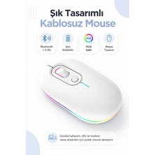Zilvana Beyaz Şarjlı Kablosuz Mouse Bluetooth 5.2 + 2.4g Çift Modlu Sessiz Tuşlu Rgb Işıklı 800 1200 1600 Dpı Type-C Şarjlı Ergonomik Mouse