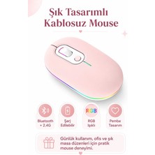 Zilvana Pembe Şarjlı Kablosuz Mouse Bluetooth 5.2 + 2.4g Çift Modlu Sessiz Tuşlu Rgb Işıklı 800 1200 1600 Dpı Type-C Şarjlı Ergonomik Mouse