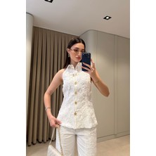 Magarde Kolsuz Dantelli Premium Denim Gömlek- Beyaz