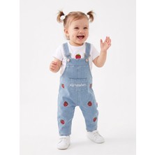 Kids Kingdom Pamuklu Çilek Detaylı Cepli Kot 2li Kız Bebek Salopet Takım