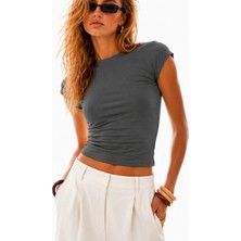 Ghassy Co. Kadın Basic Crop Bisiklet Yaka Slim Fit Esnek Kumaş Günlük Şık Yazlık Penye Spor Tişört