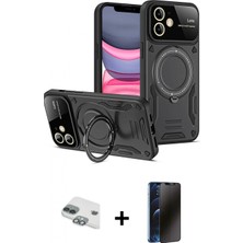 Marsilyan™- iPhone 11 Kılıf Kıvılcım Modern Serisi - Siyah 3D Antistatik Hayalet Cam Ekran Koruyucu + Pers Alüminyum Kamera Lens - Yl