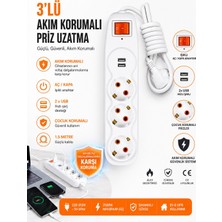 AC Aydınlatma 3'lü Akım Korumalı Priz Uzatma Kablosu 1,5 Metre – 2 USB Girişli, Işıklı Anahtarlı, Çocuk Korumalı Çoklu Priz