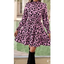 Oada Kadın Uzun Kollu Yarı Balıkçı Yaka Leopar Desenli Modal Mini Elbise