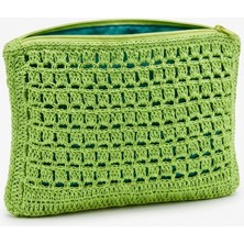 Enie Kadın Fıstık Yeşili Hasır Clutch El Yapımı Fermuarlı Çanta-Astarlı
