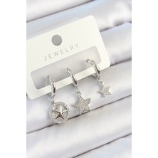 Uravas Store Pirinç Zirkon Taşlı Yıldız Model Gümüş Renk 3'lü Çift Kadın Küpe Set