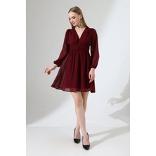 Mois Atelier Bordo Şifon Mini Abiye Elbise Tasarım Hediye Büyük Beden