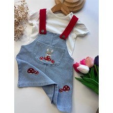 Babexi Tavşan ve Mantar Nakışlı %100 Pamuk Kısa Kol Tişörtlü Kot Jile Bebek Elbise