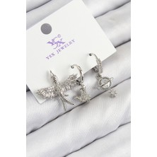 Uravas Store Pirinç Zirkon Taşlı 3'lü Kuş Model Gümüş Renk Kadın Küpe