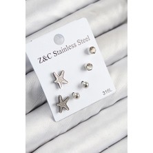 Uravas Store 316L Çelik Zirkon Taşlı Deniz Yıldızı Model Gümüş Renk Kadın Set Küpe