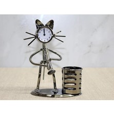Metal Saksafon Çalan Kedi Müzisyen Saat ve Kalemlik ALK4346