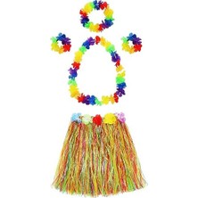 Yetişkin ve Çocuk Uyumlu Luau Aloha Hawaii  Kolye Renkli Etek Taç ve Bileklik Seti