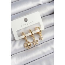 Uravas Store Pirinç Zirkon Taşlı Yıldız Model Gold Renk 3'lü Çift Kadın Küpe Set