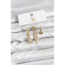 Uravas Store Pirinç Gold Renk Zirkon Taşlı Yıldız Vintage Model Ysx Trio Küpe Seti