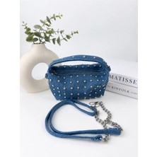 Nevalia Kadın Lacivert Kot El Çantası Gümüş Zımba Detaylı Mini Çanta Günlük Şık Denim Çanta
