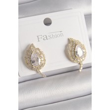 Uravas Store Pirinç Gold Renk Zirkon Taşlı Yaprak Model Kadın Küpe