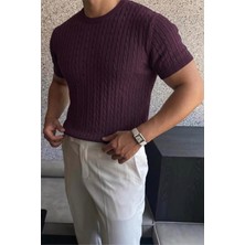 Oksit Kelly Lüks Seri Erkek Slim Fit Saç Örgü Desenli Bisiklet Yaka Kısa Kollu Triko Tişört