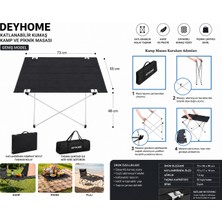 deyhome Katlanabilir Kumaş Kamp ve Piknik Masası Siyah Geniş Model 73X55X48 cm Taşıma Çantalı Alüminyum Kamp Masası