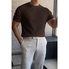 Oksit Kelly Lüks Seri Erkek Slim Fit Saç Örgü Desenli Bisiklet Yaka Kısa Kollu Triko Tişört