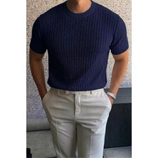 Oksit Kelly Lüks Seri Erkek Slim Fit Saç Örgü Desenli Bisiklet Yaka Kısa Kollu Triko Tişört