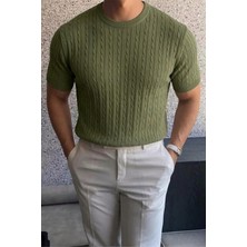 Oksit Kelly Lüks Seri Erkek Slim Fit Saç Örgü Desenli Bisiklet Yaka Kısa Kollu Triko Tişört