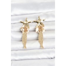 Uravas Store Deniz Yıldızı ve Balık Detaylı Krem Taşlı Gold Renk Kadın Küpe