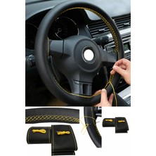 bebekokusu Bmw X5  ( 2000-2007 E53 )   Uyumlu Direksiyon Kılıfı Dikmeli Siyah Deri Sarı Dikişli