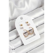 Uravas Store Pirinç Zirkon Taş ve Halka Figürlü Gold Renk 3'lü Çift Kadın Küpe Set