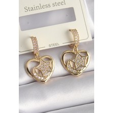 Uravas Store Pirinç Gold Renk Zirkon Taşlı Kalp Model Ay Yıldız Işleme Kadın Küpe