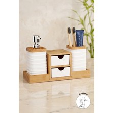 UltraMint Beyaz Bambu Çekmeceli Sıvı Sabunluk ve Diş Fırçalık Banyo Organizeri