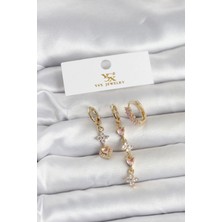 Uravas Store Pirinç Gold Renk Pembe Zirkon Taşlı 3'lü Kadın Küpe