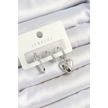 Uravas Store Pirinç Zirkon Taşlı Kalp Model Gümüş Renk 3'lü Çift Kadın Küpe Set