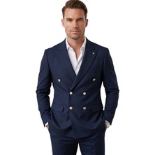 Rizzup Erkek Lacivert Slim Fit Kruvaze Takım Elbise Likralı Çizgili Dokulu Metal Düğmeli 2600820