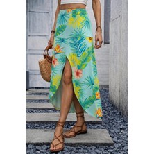 Moda Loris Kadın Yüksek Bel Çiçek Desenli Önü Asimetrik Detaylı Uzun Süprem Etek
