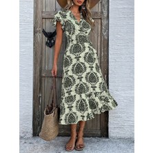 Gökyüzü Moda Kadın Kısa Kollu Kruvaze Yakalı Belden Bağcıklı Desenli Süprem Midi Elbise