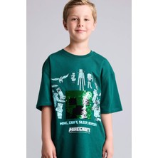 DeFacto %100 Pamuk Minecraft Lisanslı Oversize 3D Baskılı Bisiklet Yaka Kısa Kollu Yeşil Tişört Erkek Çocuk H8262A826HS