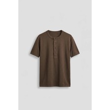 Abluka Online Erkek Relaxed Fit Düğmeli Henley Yaka Basic T-Shirt Kahverengi